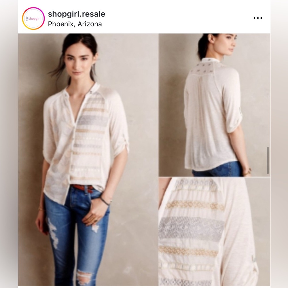 Anthropologie Shirt Tiny Willa‎ Cream Metallic Embroidery Top tee Maeve Pilcro